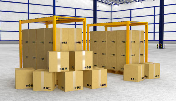istock Rows of shelves with boxes in modern warehouse 837903424