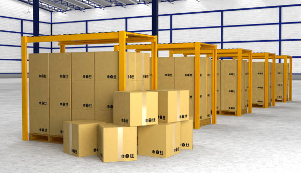 istock Rows of shelves with boxes in modern warehouse 837903428