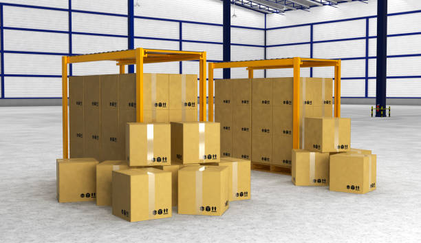 istock Rows of shelves with boxes in modern warehouse 837903508