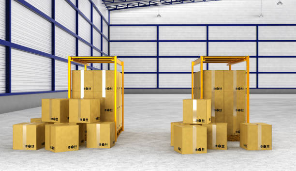 istock Rows of shelves with boxes in modern warehouse 837913582