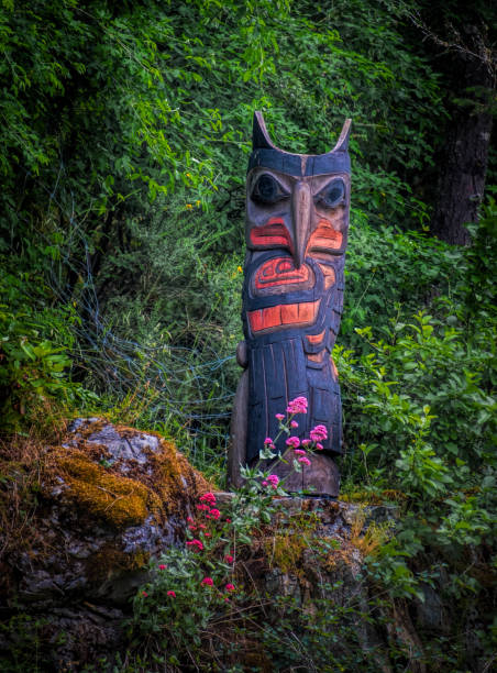 A totem pole in a public park set upon the hill