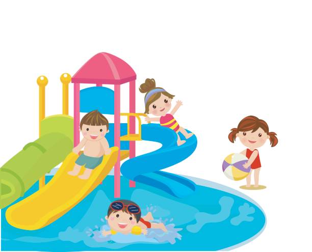 wasserrutsche für kinder und familien. - amusement park family water slide child stock-grafiken, -clipart, -cartoons und -symbole