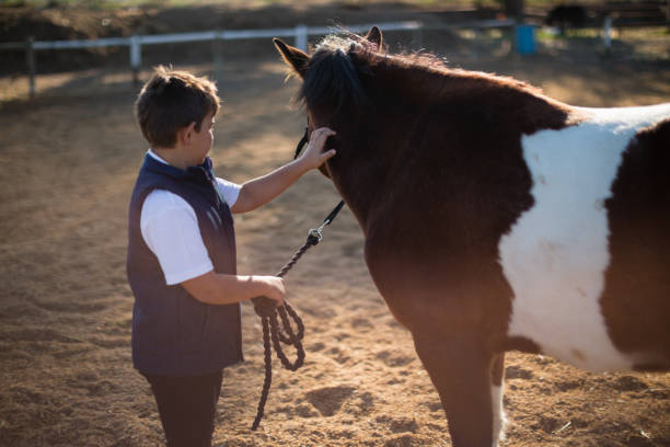 istock Rider boy caressing a horse in the ranch 837937946