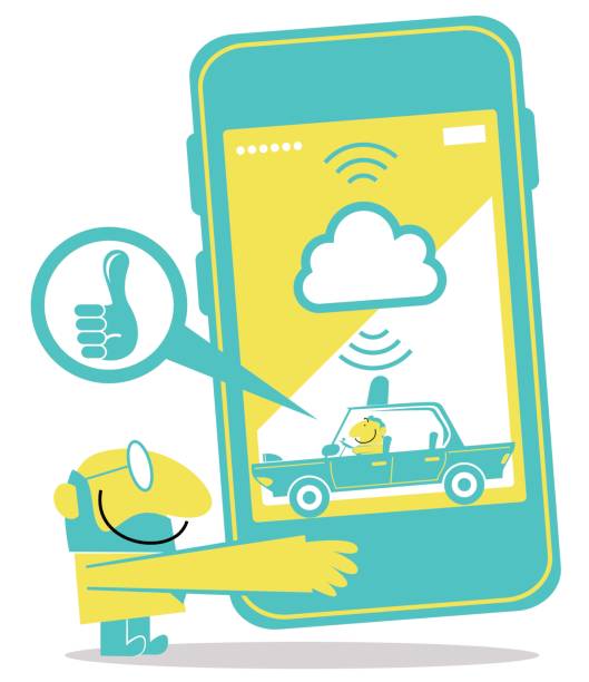 Taxi driver driving, smiling businessman with a huge smart phone with taxi service app (Uber) Simple Business Man Characters Manga Style Cartoon Vector art illustration.Copy Space, Full Length, yellow, black, white and blue. uber driver stock illustrations