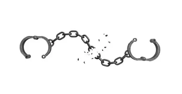 3d rendering of open arm shackles hanging on white background with a broken chain. Tear down all walls. Freedom of life. Unlimited future.