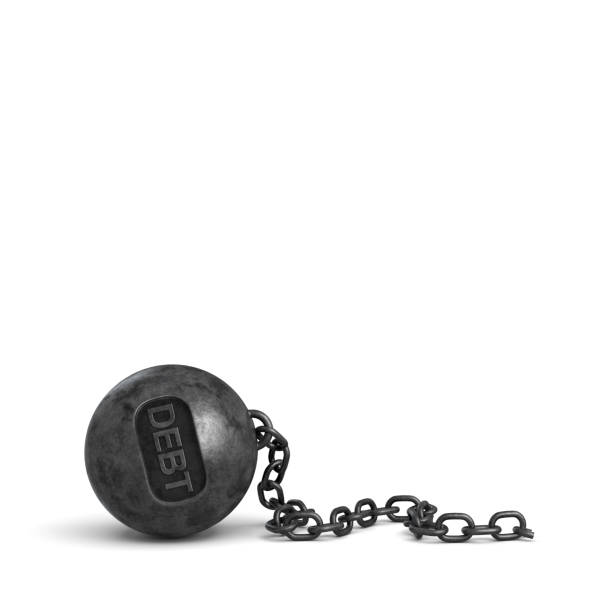 istock 3d rendering of a broken iron chain that used to hold a large iron wrecking ball with letters DEBT on it 837949636
