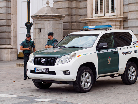 Palestinian Police car stop on a city street, Qalqilya, West Bank, Palestinian Territories, Palestine - May 5, 2020