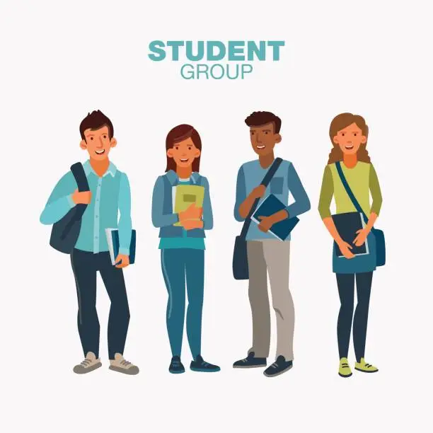 Vector illustration of Happy and smiling group of students standing with notebooks. Back to school vector illustration