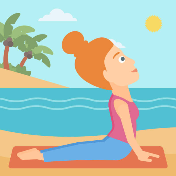ilustrações de stock, clip art, desenhos animados e ícones de woman practicing yoga - stretch beach