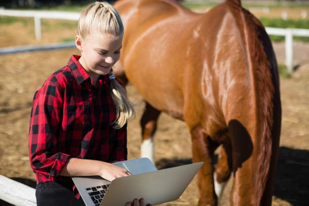 flicka med laptop - horse net bildbanksfoton och bilder