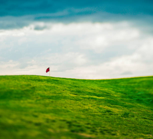 дефокированное изображе�ние фона поля для гольфа с красным флагом - golf course usa scenics sports flag стоковые фото и изображения
