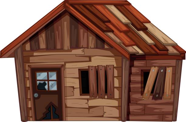 drewniany dom w złym stanie - hut cabin isolated wood stock illustrations