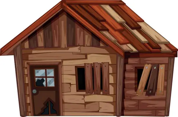 Vector illustration of Wooden house in bad condition