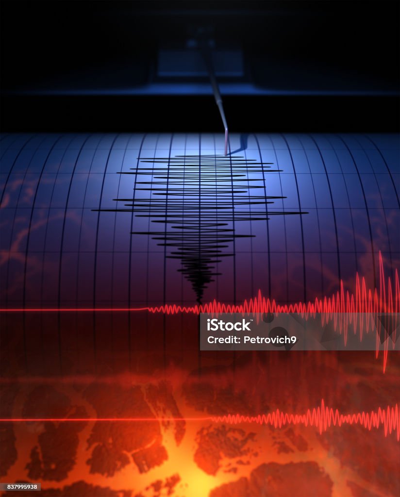 Earthquake Seismograph with paper in action and earthquake - 3D Rendering Earthquake Stock Photo