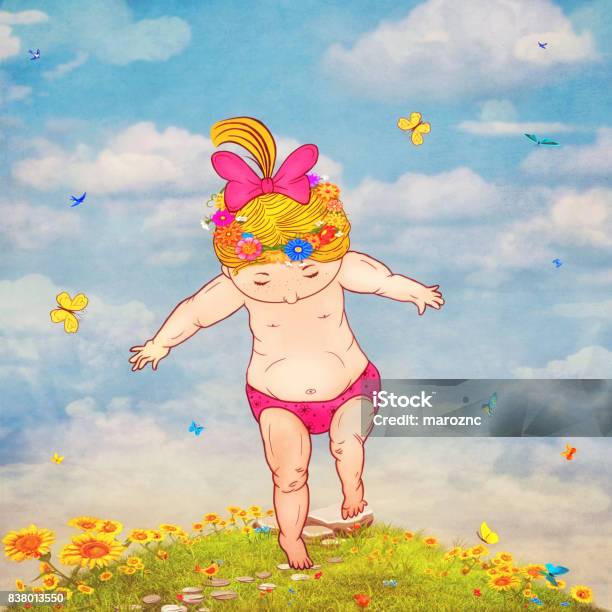 Illustration Of A Small Girl On A Stone Takes A Step Into The Grass Stock Illustration - Download Image Now