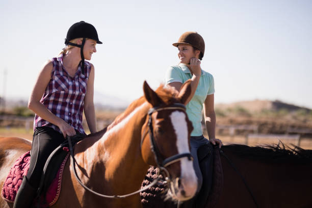 istock Happy female friends talking while horseback riding 838017382