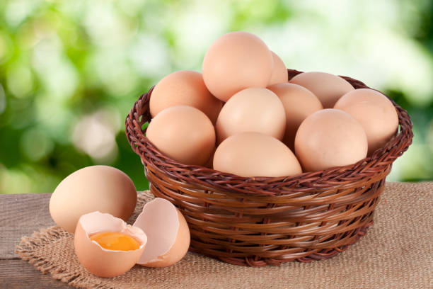 istock eggs in a wicker basket on a wooden board with blurred garden background 838020652