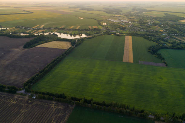 istock Panoramic view of the valley with green fresh fields and meadow at sunset. 838033294