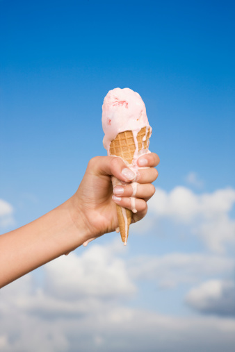 sunny, clouds, summer, melt, strawberry, raspberry, cone, wafer, child
