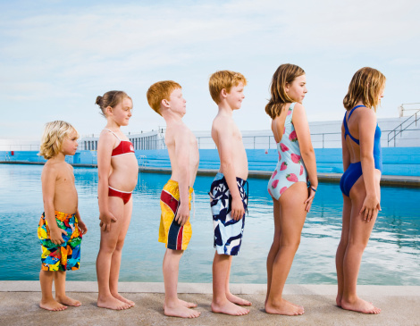 queue, line, height, age, proud, silly, colourful, straight, swimming pool, children