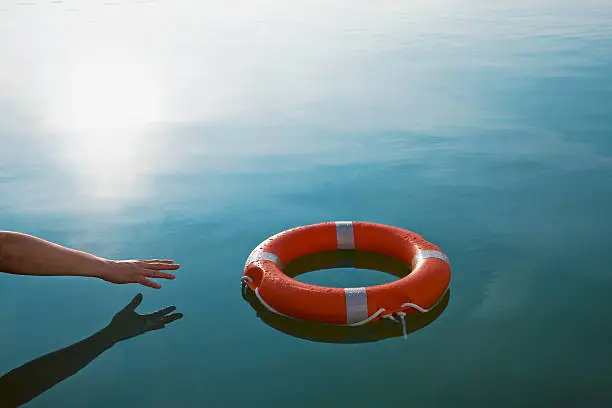 hand, reflection, sea, water, life ring, stretch, reach