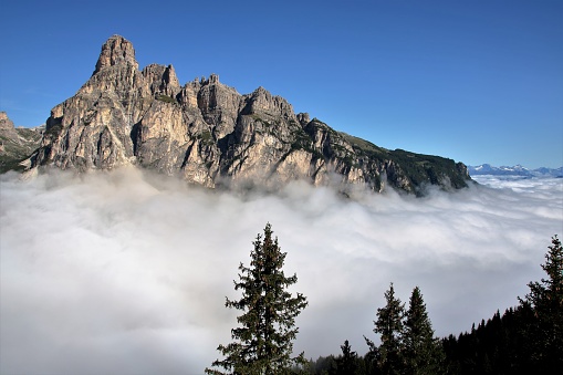 Castle of Villa Badia, covered by clouds and misty in  Alto Adige, Sud Tirol, Italy