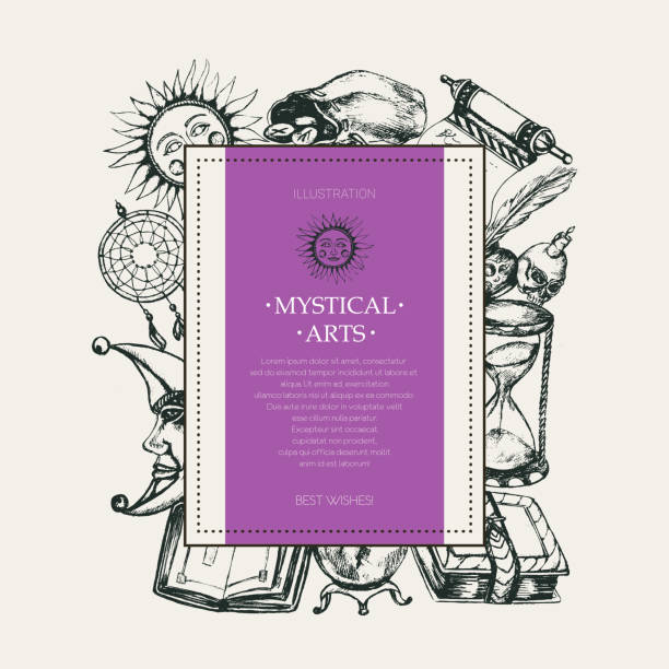Mystical Arts - modern drawn square postcard. Mystical Arts - modern vector drawn square postcard, copy space. Realistic scroll, grimoire, pen, inkpot, crystal ball, candle, skull, dreamcatcher, candlestick, bag of runes, book, sun, moon, hourglass clip art of scroll quill stock illustrations