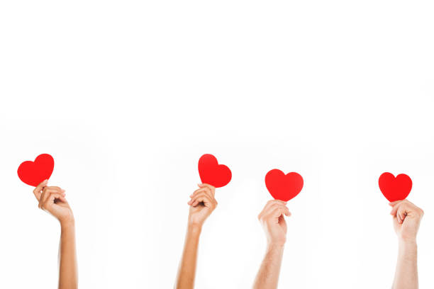 istock 'Cropped view human hands holding red paper hearts, isolated on white 838048792