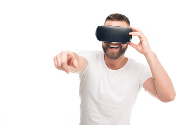 istock 'Portrait of handsome bearded man using virtual reality headset, isolated on white 838051904