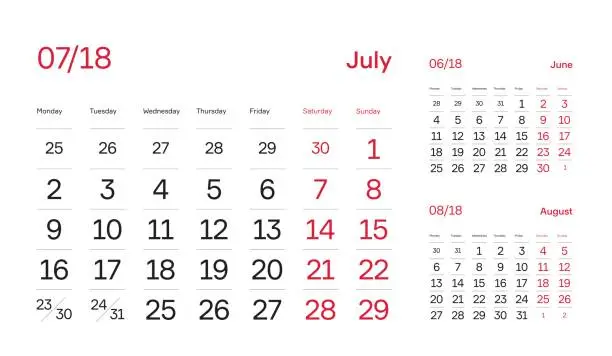 Vector illustration of Wall Corporate Calendar 2018. Minimal and Modern Calendar Block Design. Month July 2018. Vector Template.