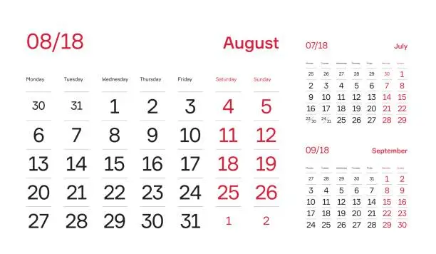 Vector illustration of Wall Quarter Calendar 2018. Minimal and Modern Calendar Block Design. Month August 2018. Vector Template.
