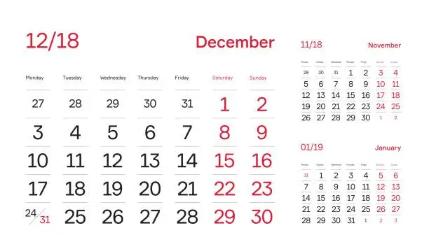 Vector illustration of Calendar 2018. Printing block.