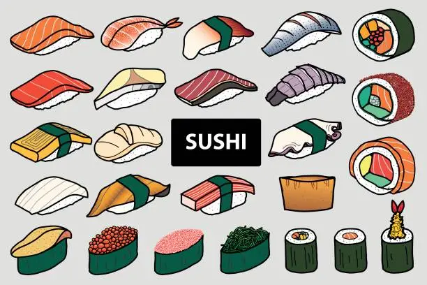 Vector illustration of Set of isolated colorful sushi and roll in 25 menu. Cute hand drawn style. Vector illustration.