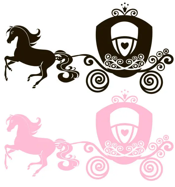 Vector illustration of Fabulous Royal pink Princess carriage horse-drawn vector vintage girl stroller, logo, black and  the silhouette icon on white background