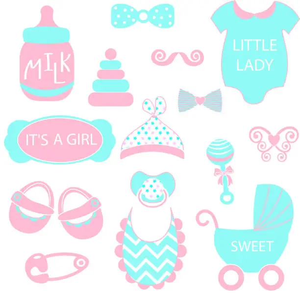 Vector illustration of A vector illustration of cute baby girl icons like nappy pins, pacifier and baby toys. pink and turquoise silhouette Hipster photo booth