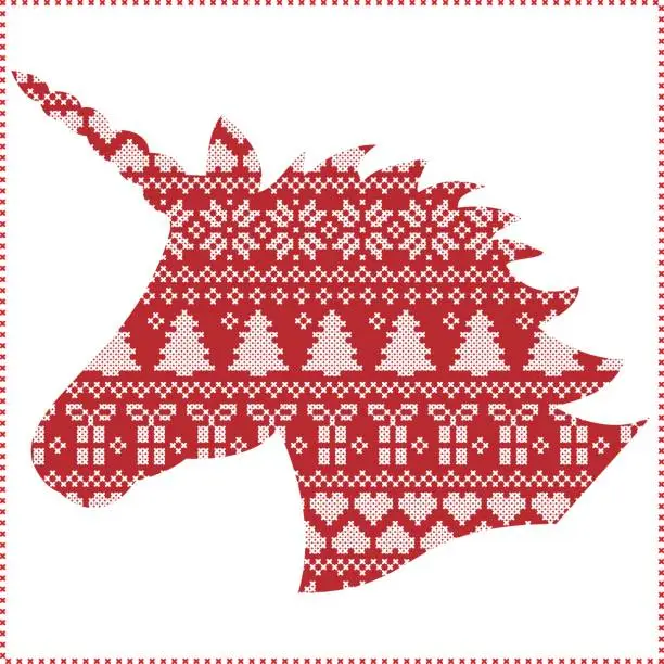 Vector illustration of Scandinavian,  Nordic style winter stitching Christmas seamless pattern  including snowflakes, hearts, present, snow, star, Christmas tree, decorative ornaments in Unicorn Shape  in red and white