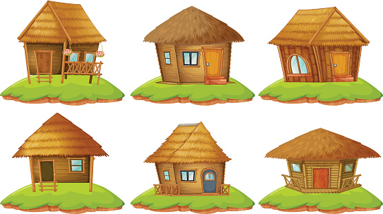 Different designs of wooden cottages illustration