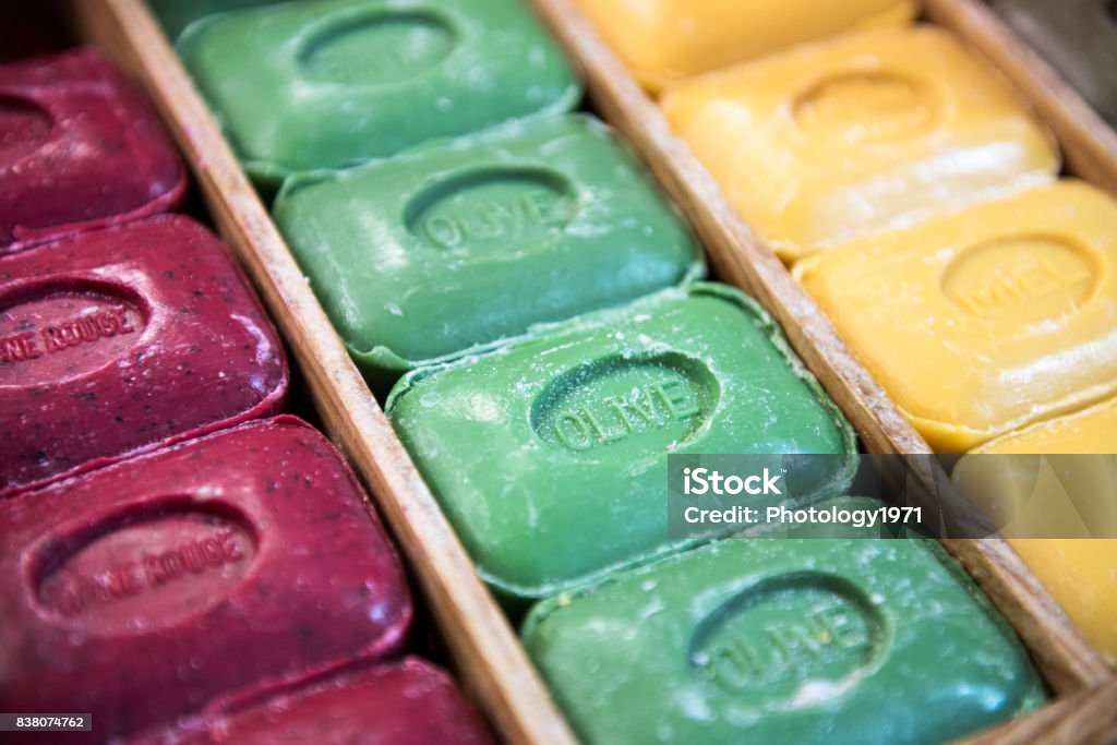 Colorful Marseille soap in close-up Rows of colorful traditional French hard Marseille soap in close-up view Close-up Stock Photo