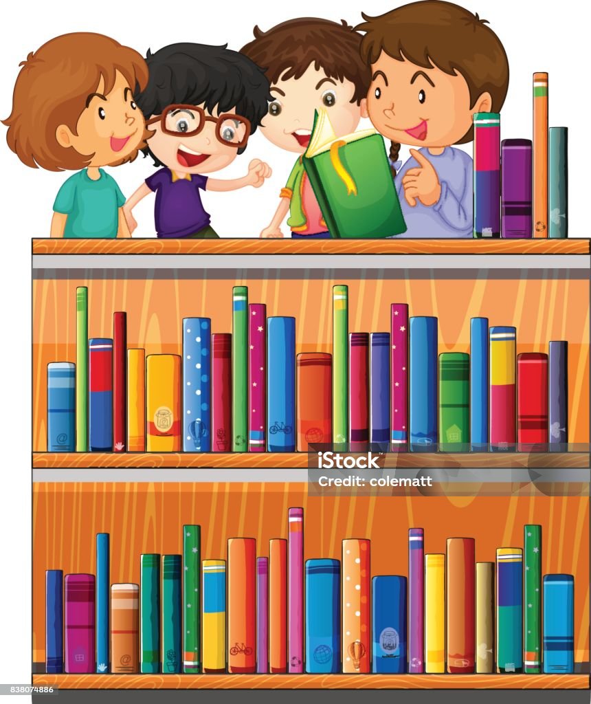 어린이 도서관에서 책을 읽고 교육에 대한 스톡 벡터 아트 및 기타 이미지 - 교육, 도서관, 만화 - Istock
