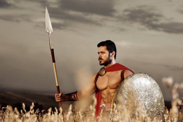 guerriero medievale muscoloso in piedi sul campo - battledress foto e immagini stock