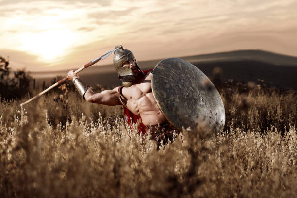 istock Strong Spartan warrior in battle dress with a shield and a spear 838078398