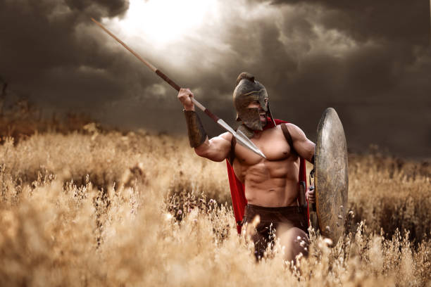 istock Strong Spartan warrior in battle dress with a shield and a spear 838078444