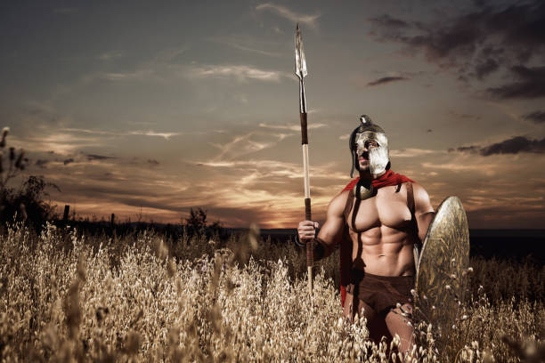 istock Strong Spartan warrior in battle dress with a shield and a spear 838078498
