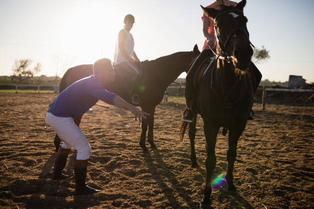 istock Trainer training friends in riding horse at barn 838078750