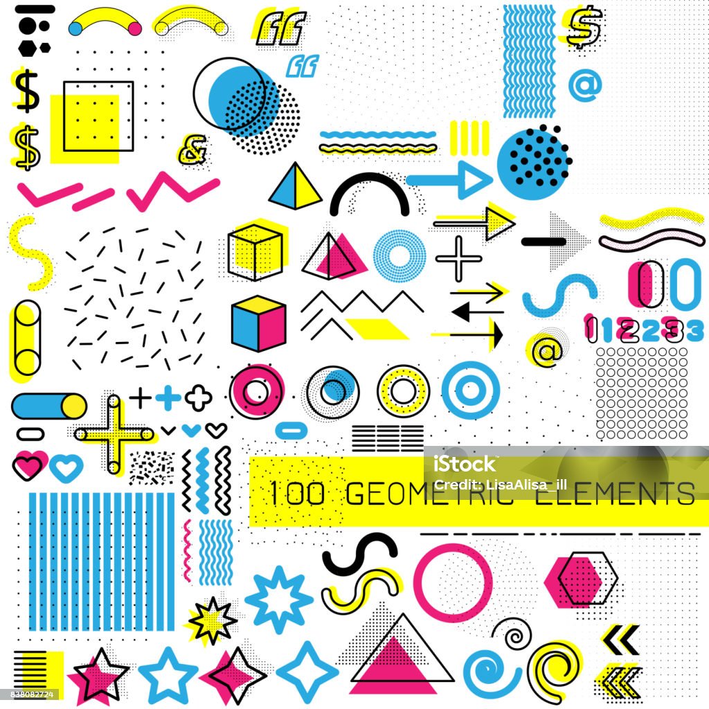 Set of design elements, template for your project, animation, and advertising, advertisement, commercial banner, poster, t-shirt. Collection of geometrical colored vector elements. Set of design elements, template for your project, animation, and advertising. Collection of geometrical colored vector elements isolated on white background 1980-1989 stock vector