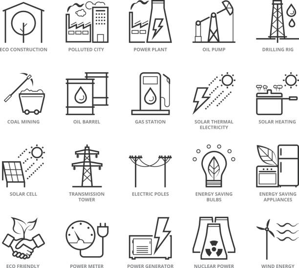 illustrations, cliparts, dessins animés et icônes de plat mince ligne icons set d’énergie et de l’industrie - trepan