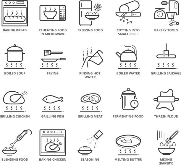 Flat thin line Icons set of Cooking and Bakery Flat thin line Icons set of Cooking and Bakery. Pixel Perfect Icons. Simple mono linear pictogram pack stroke vector symbol concept for web graphics. boiled water stock illustrations