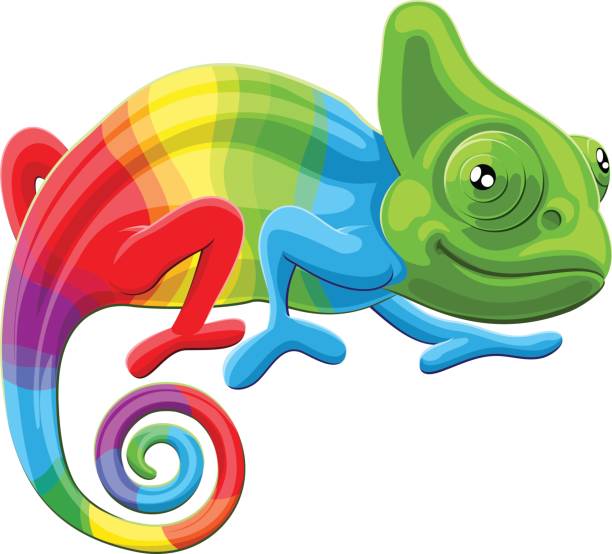 Rainbow Chameleon Cartoon rainbow colored multicoloured chameleon lizard character chameleon stock illustrations