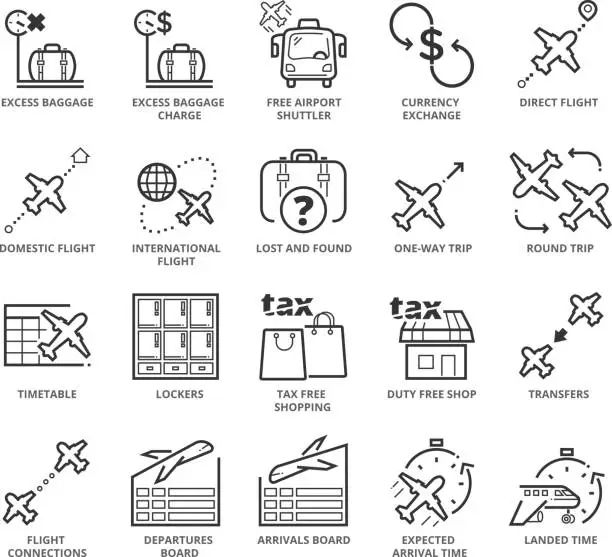 Vector illustration of Flat thin line Icons set of Airport Services