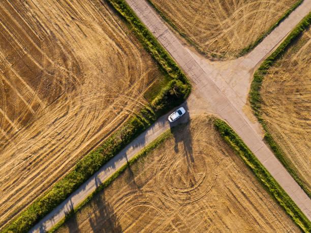 Crossroad between grainfields from above, Germany stock photo
